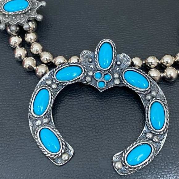 Vintage Faux Turquoise Silver-tone Ball Chain Squash Blossom Necklace 147.7g - Picture 11 of 14